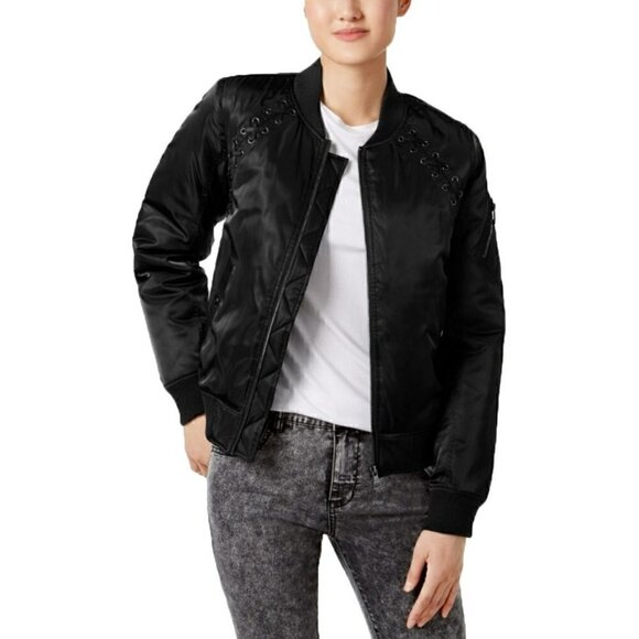 Steve Madden Black Lace Up Bomber Jacket L - Picture 1 of 9